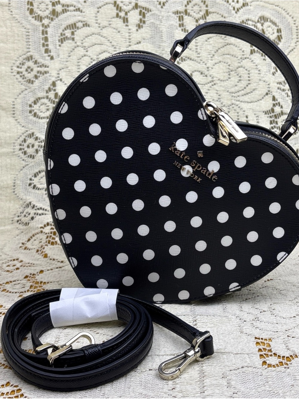 Kate Spade Love Shack Heart Purse Crossbody Bag Black with White Dots